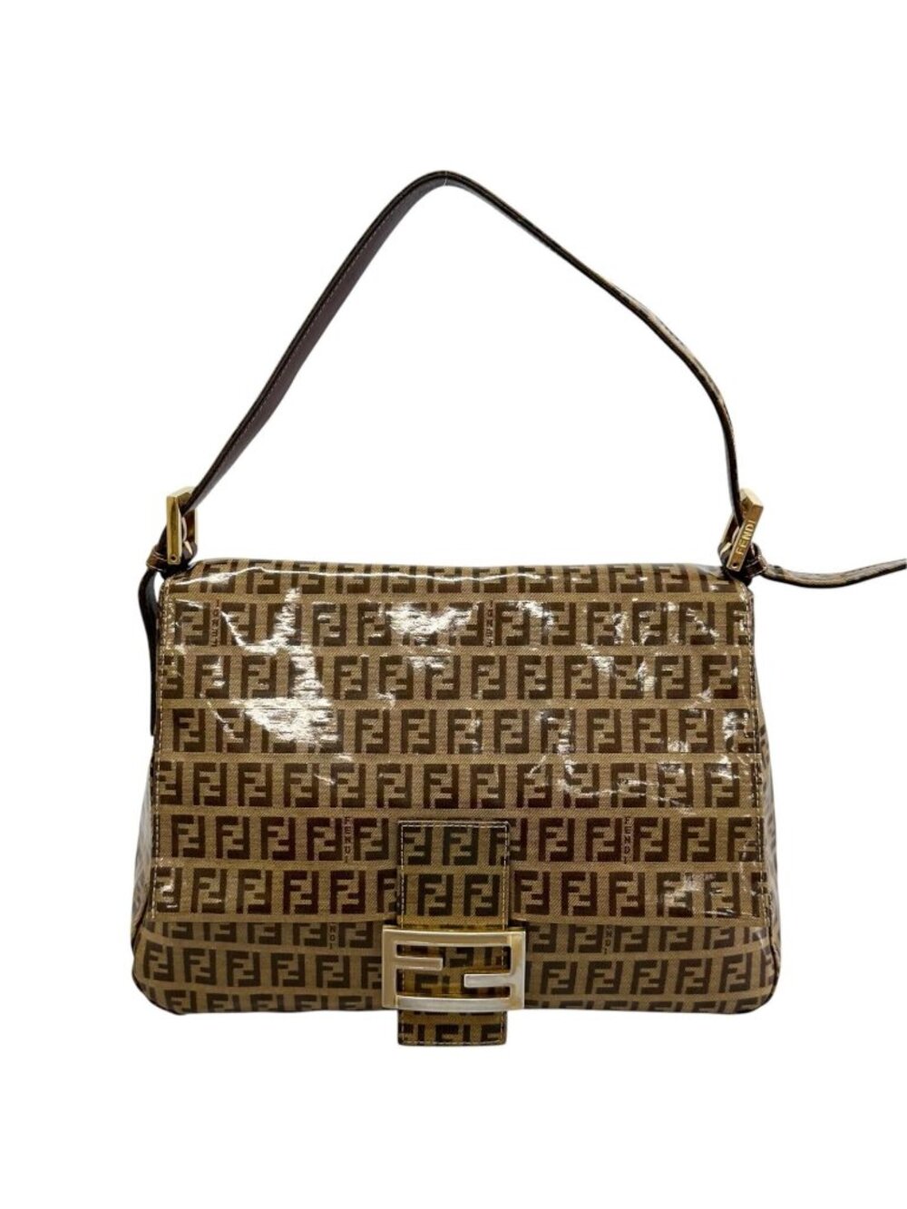 Fendi Zucchino Mamma Baguette Shoulder Bag Patent Brown